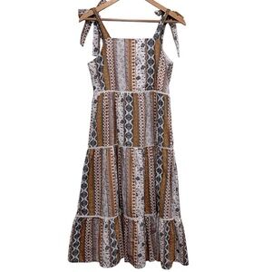 Lucky Brand Floral Stripe Shoulder Tie Smock Tiered Cotton Summer Midi Dress S
